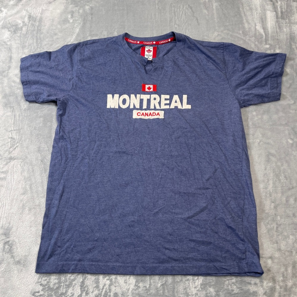 DelSys TQT Montreal Canada Souvenir T-Shirt Mens XL Blue Split Neck Graphic Tee